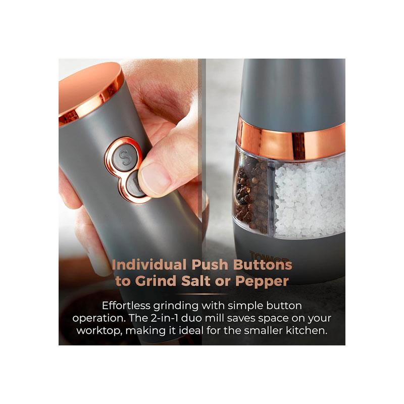 Tower Duo Electric Salt And Pepper Mills Battery Operated 2-in-1 Grinder with Adjustable Ceramic Mechanisms Grey & Rose Gold
