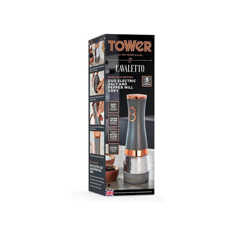 Tower Duo Electric Salt And Pepper Mills Battery Operated 2-in-1 Grinder with Adjustable Ceramic Mechanisms Grey & Rose Gold