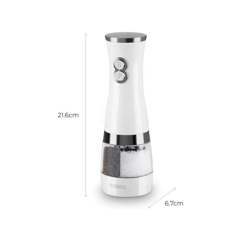 Tower Duo Electric Salt And Pepper Mills Battery Operated Adjustable Ceramic Grinders with ABS Body White/Chrome