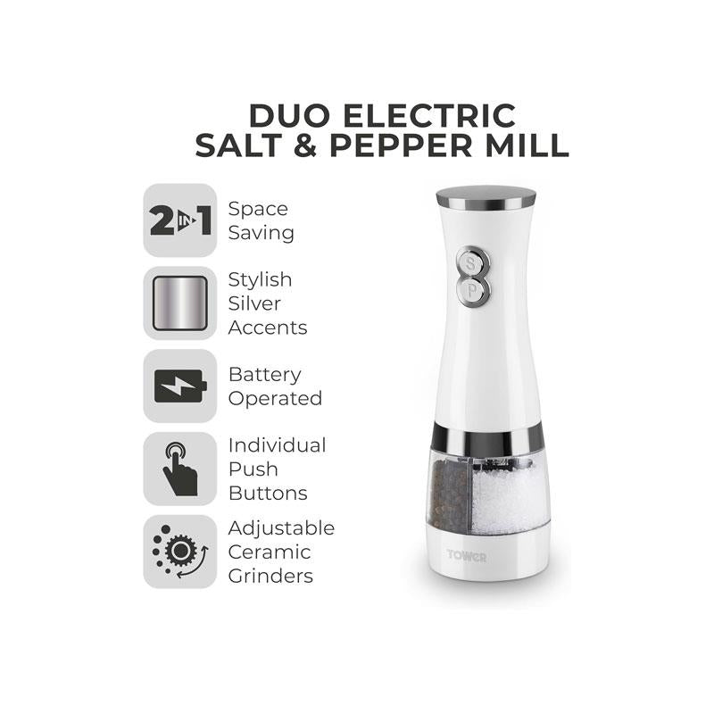 Tower Duo Electric Salt And Pepper Mills Battery Operated Adjustable Ceramic Grinders with ABS Body White/Chrome