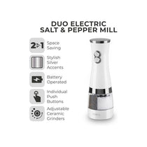 Tower Duo Electric Salt And Pepper Mills Battery Operated Adjustable Ceramic Grinders with ABS Body White/Chrome