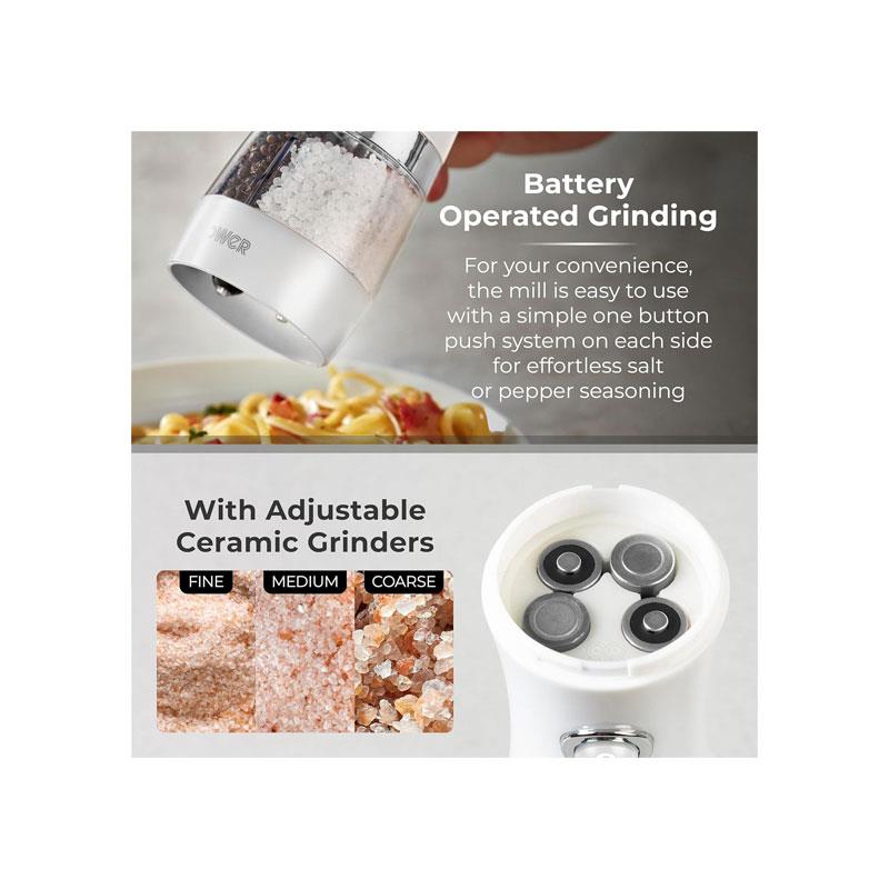 Tower Duo Electric Salt And Pepper Mills Battery Operated Adjustable Ceramic Grinders with ABS Body White/Chrome
