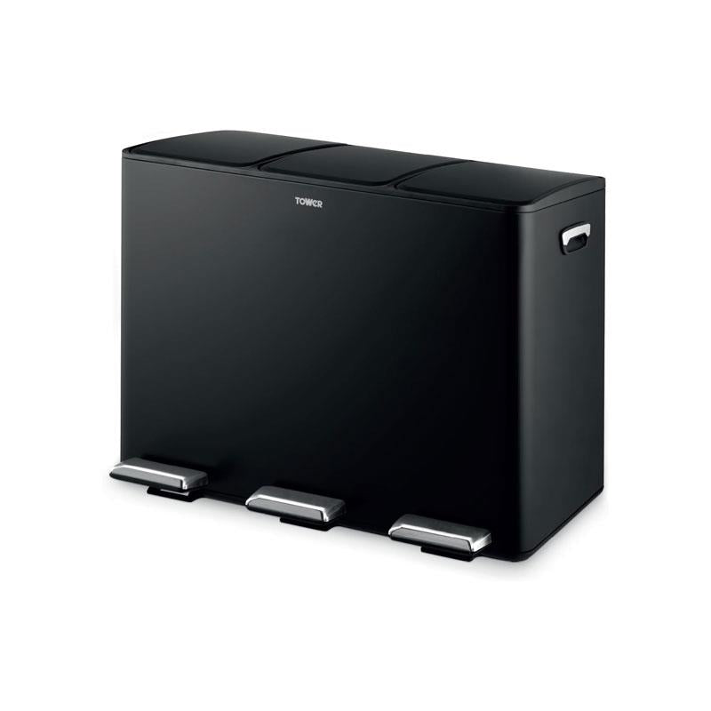 Tower Recycling Pedal Bin 45 Litre 3 Individual 15L Compartments Carbon Steel Body Three Inner Buckets Black Main image