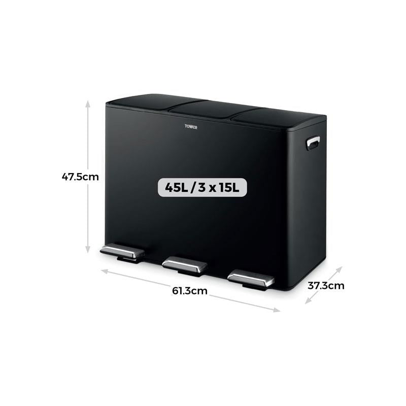 Tower Recycling Pedal Bin 45 Litre 3 Individual 15L Compartments Carbon Steel Body Three Inner Buckets Black Secondary image
