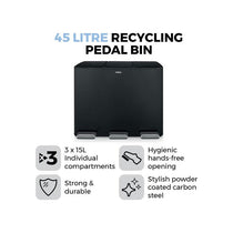 Tower Recycling Pedal Bin 45 Litre 3 Individual 15L Compartments Carbon Steel Body Three Inner Buckets Black