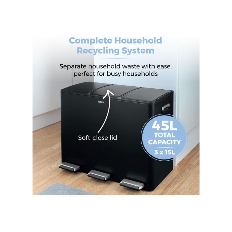 Tower Recycling Pedal Bin 45 Litre 3 Individual 15L Compartments Carbon Steel Body Three Inner Buckets Black