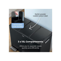 Tower Recycling Pedal Bin 45 Litre 3 Individual 15L Compartments Carbon Steel Body Three Inner Buckets Black