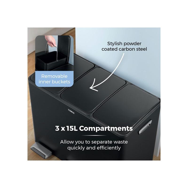Tower Recycling Pedal Bin 45 Litre 3 Individual 15L Compartments Carbon Steel Body Three Inner Buckets Black