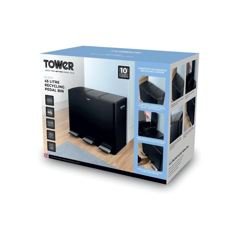 Tower Recycling Pedal Bin 45 Litre 3 Individual 15L Compartments Carbon Steel Body Three Inner Buckets Black