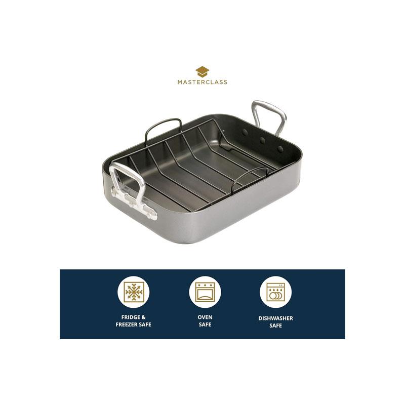 MasterClass Deep Roasting Tin With Rack And Teflon Xtra Non Stick Coating Carbon Steel Roaster With Handles Grey