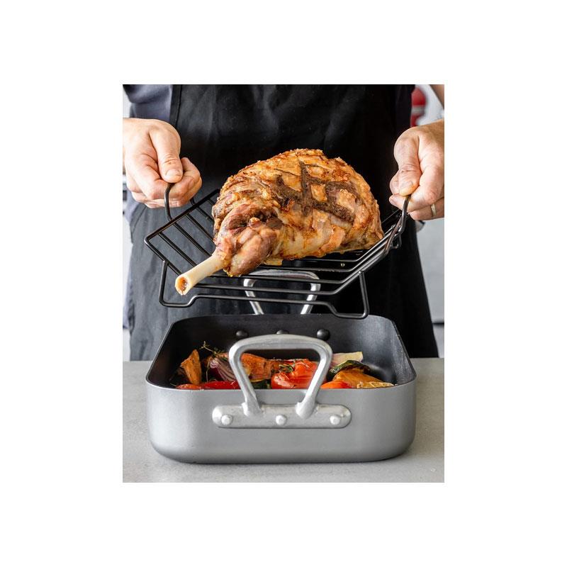 MasterClass Deep Roasting Tin With Rack And Teflon Xtra Non Stick Coating Carbon Steel Roaster With Handles Grey
