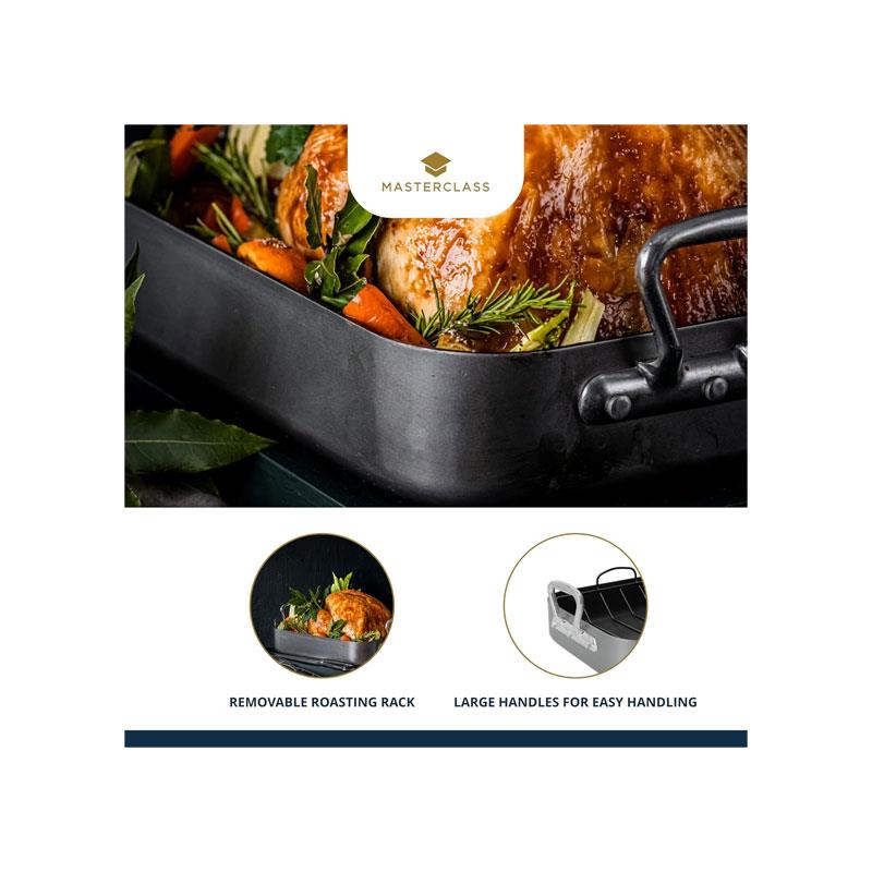 MasterClass Deep Roasting Tin With Rack And Teflon Xtra Non Stick Coating Carbon Steel Roaster With Handles Grey