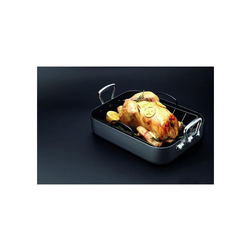 MasterClass Deep Roasting Tin With Rack And Teflon Xtra Non Stick Coating Carbon Steel Roaster With Handles Grey