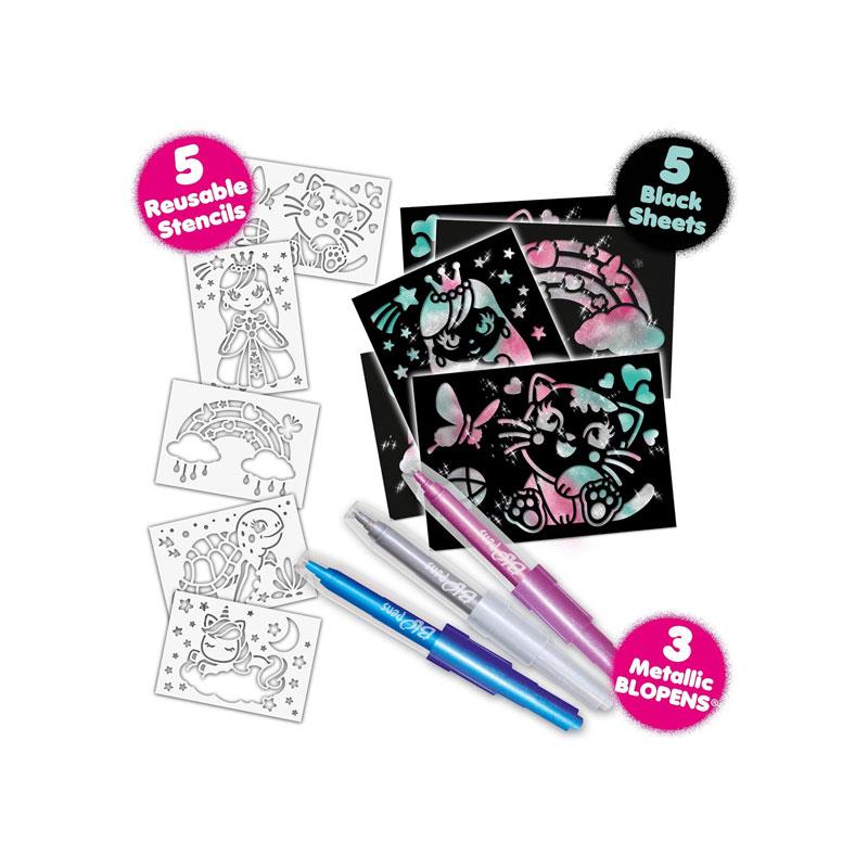 John Adams BLOpens Shimmer Set Blow Shimmer Airbrush Effects 3 Metallic BLOPENS 5 Paper Sheets 5 Reusable Stencils Multicolour Secondary image