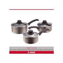 Judge Everyday Cookware Set 16cm 18cm 20cm Saucepans Non Stick Aluminium Pots Heat Resistant Handles 3 Piece Pewter