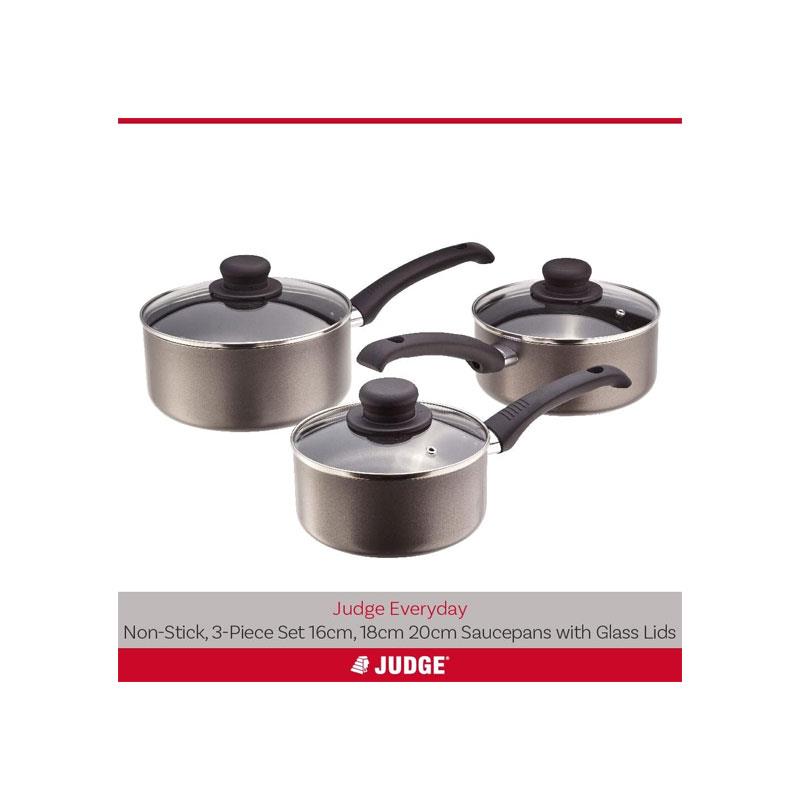 Judge Everyday Cookware Set 16cm 18cm 20cm Saucepans Non Stick Aluminium Pots Heat Resistant Handles 3 Piece Pewter
