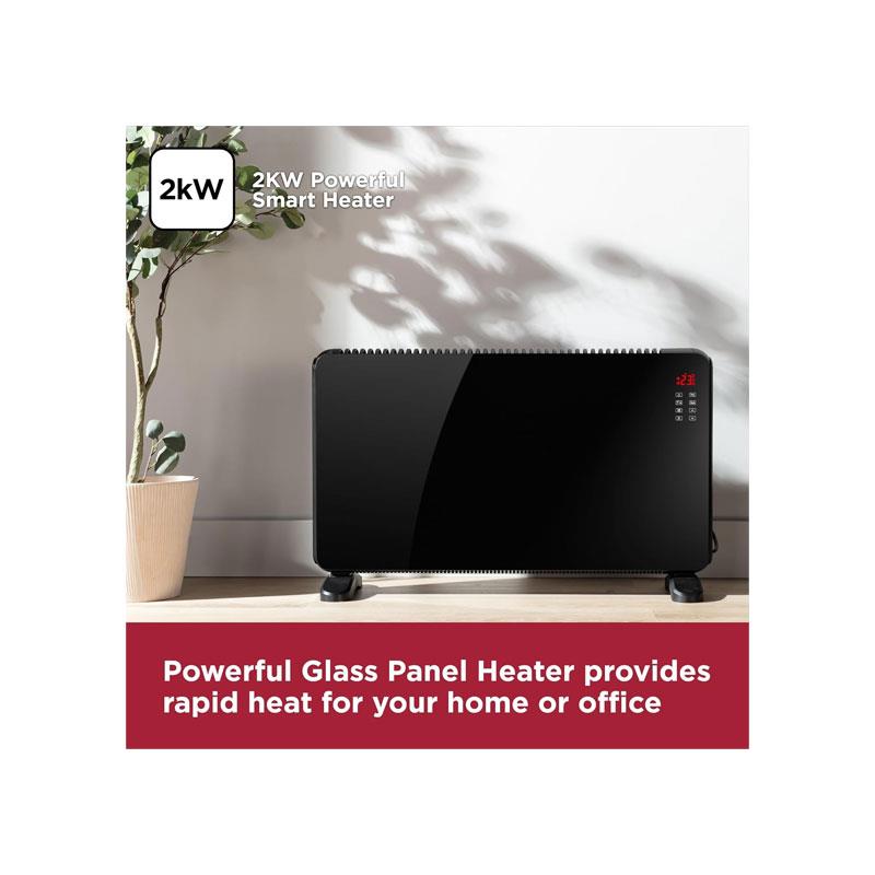Black & Decker Smart Glass Panel Heater 2000W 2 Heat Settings Digital Adjustable Thermostat Black