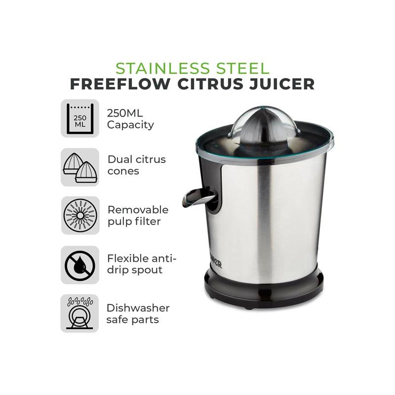 Tower Freeflow Citrus Juicer Flexible Anti-Drip Spout Stainless Steel 85W 250ml Capacity Silver