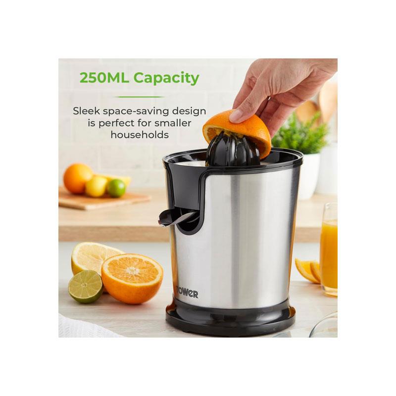 Tower Freeflow Citrus Juicer Flexible Anti-Drip Spout Stainless Steel 85W 250ml Capacity Silver