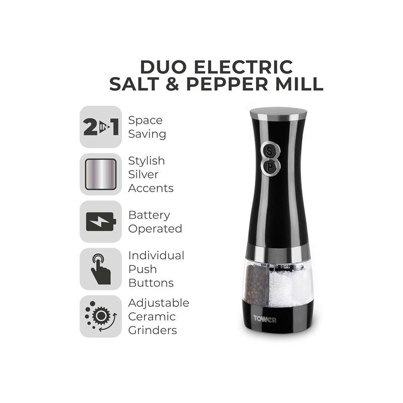 Tower Duo Electric Salt And Pepper Mills Battery Operated Adjustable Ceramic Grinders Black/Chrome