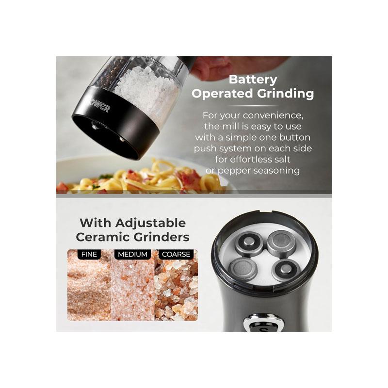 Tower Duo Electric Salt And Pepper Mills Battery Operated Adjustable Ceramic Grinders Black/Chrome
