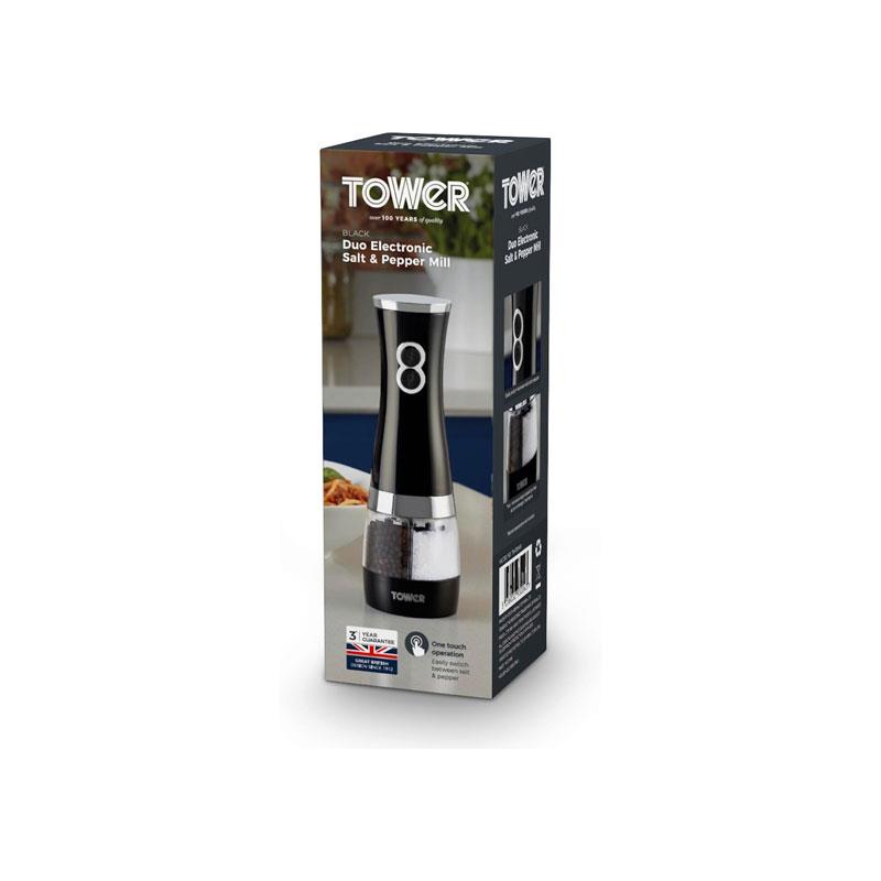 Tower Duo Electric Salt And Pepper Mills Battery Operated Adjustable Ceramic Grinders Black/Chrome