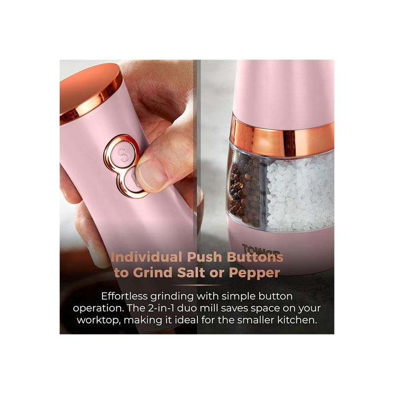 Tower Duo Electric Salt And Pepper Mills Battery Operated Adjustable Ceramic Grinders Marshmallow Pink/Rose Gold