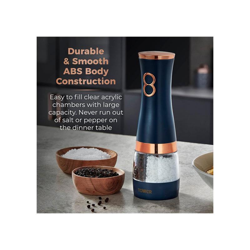 Tower Duo Electric Salt And Pepper Mills Battery Operated Adjustable Ceramic Grinders Midnight Blue/Rose Gold