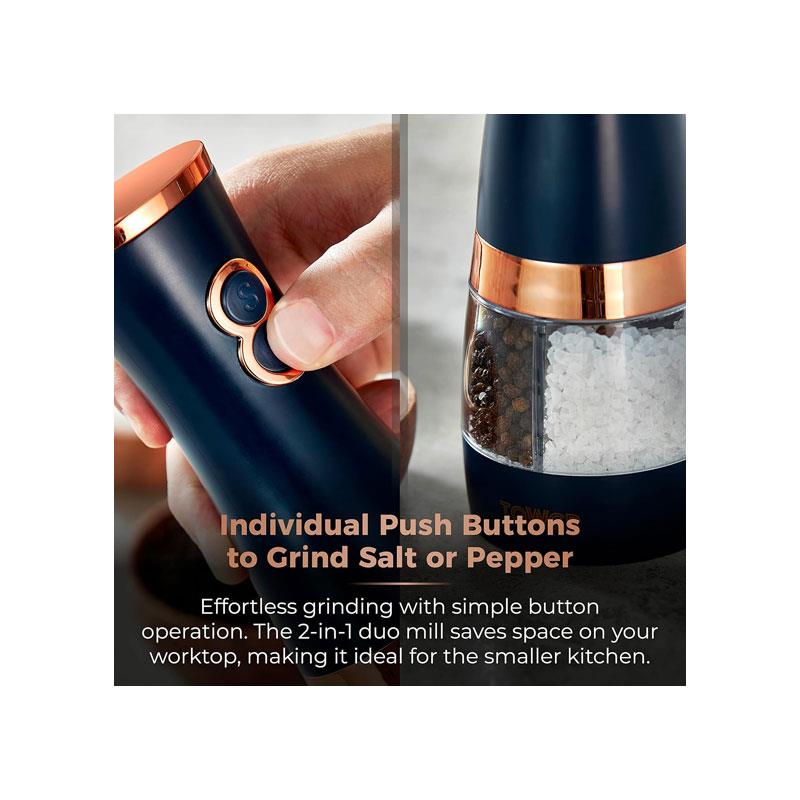 Tower Duo Electric Salt And Pepper Mills Battery Operated Adjustable Ceramic Grinders Midnight Blue/Rose Gold