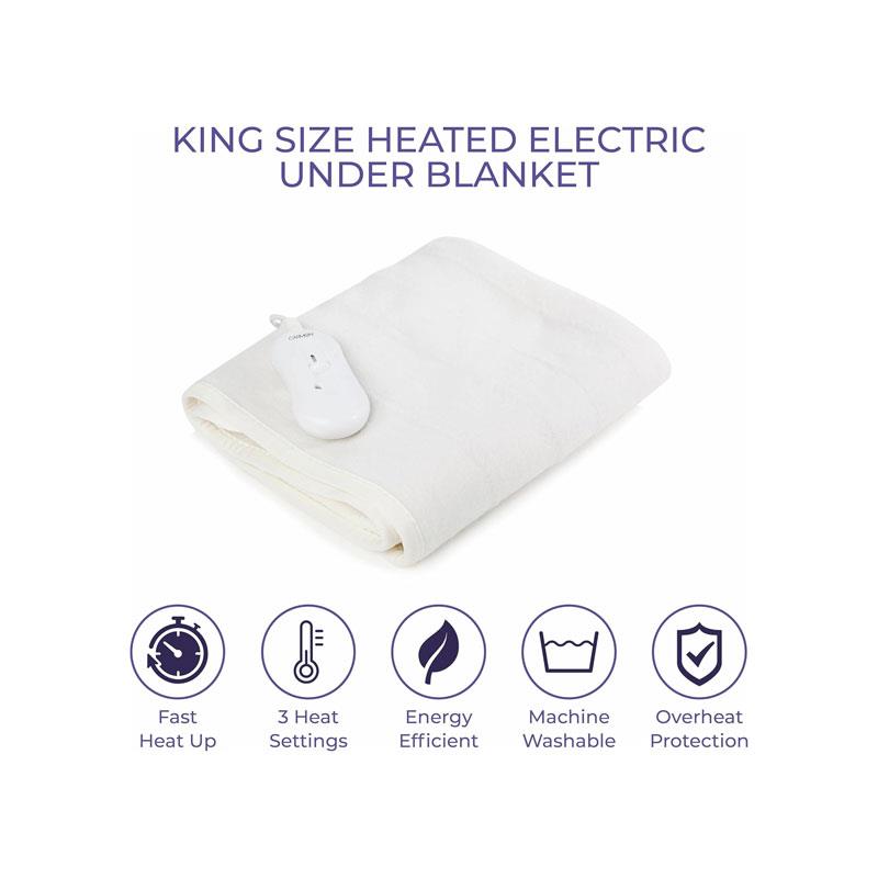 Carmen Heated Under Blanket King Size 3 Heat Settings Overheat Protection 70W 120 x 130cm White