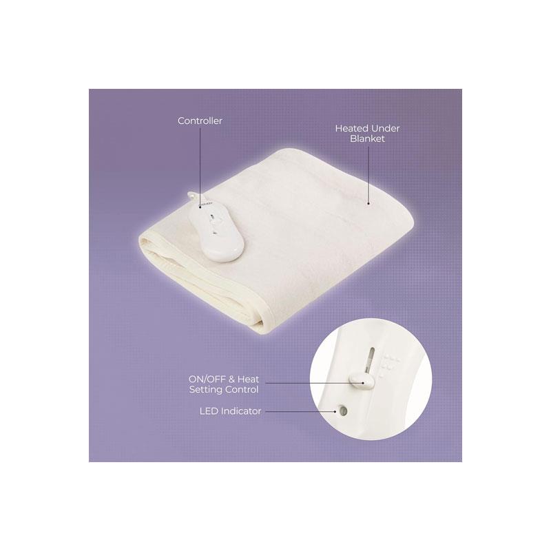 Carmen Heated Under Blanket King Size 3 Heat Settings Overheat Protection 70W 120 x 130cm White