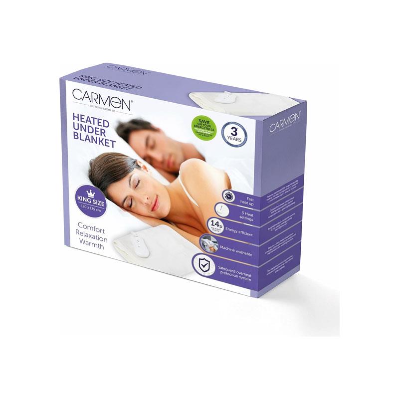 Carmen Heated Under Blanket King Size 3 Heat Settings Overheat Protection 70W 120 x 130cm White