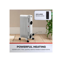 Daewoo Oil Filled Radiator 1500W Adjustable Thermostat Overheat Protection Timer LED Display Cord Storage Remote Control White