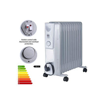 Fine Elements 11 Fin Oil Filled Radiator Heater 2500W 3 Heat Settings Adjustable Thermostat Overheat Protection White