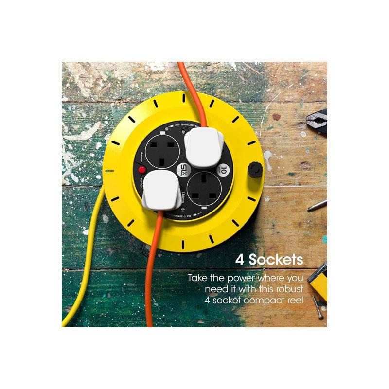 SLx 4 Socket Outdoor Extension Lead 10m 13A Fused UK Plug Heavy Duty Extension Cable Reel - Yellow/Black