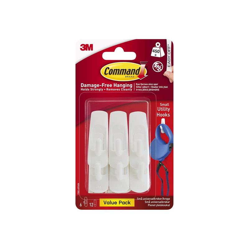 3M Command Utility Hooks Small 6 Hooks And 12 Small Strips 450g Holding Power Value Pack White Main image