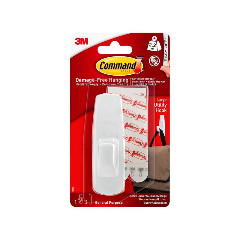 3M Command Utility Hooks Large 1 Hook And 2 Large Strips 2.2kg Holding Power White