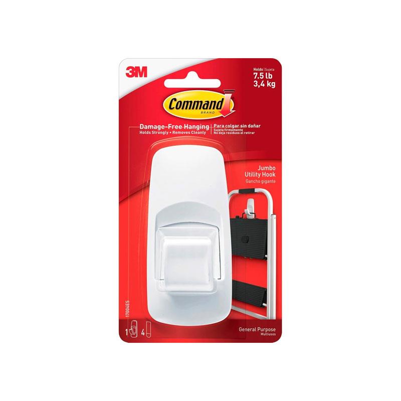 3M Command Utility Hook Jumbo 1 Hook And 4 Large Strips 3.4kg Holding Power White Main image