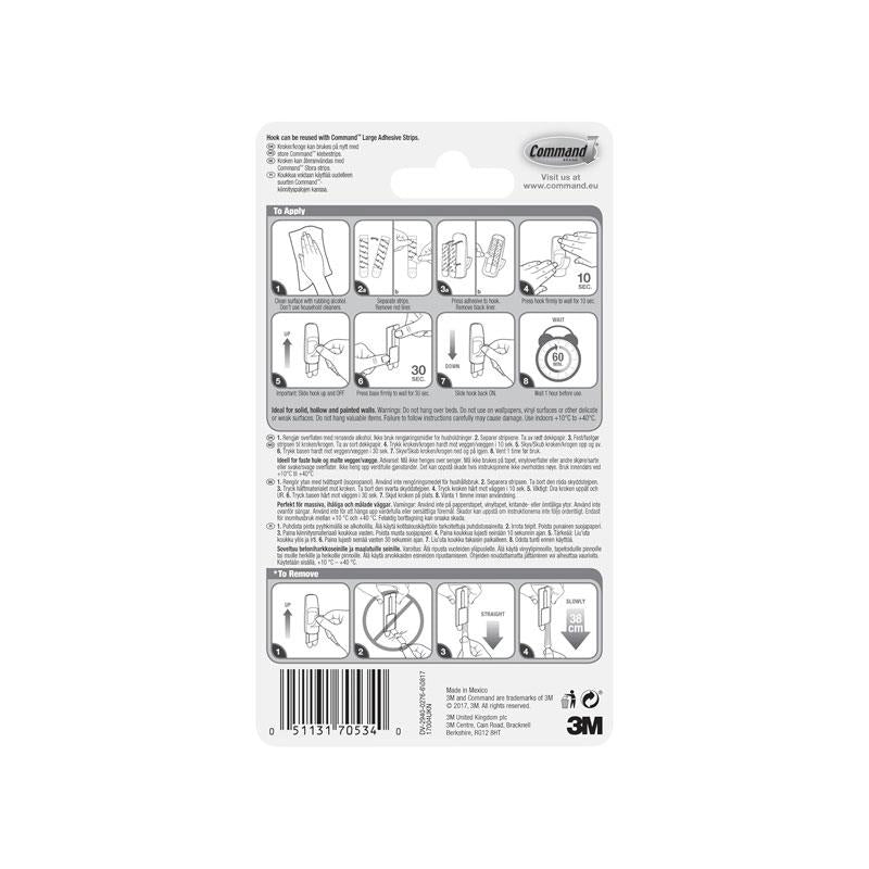 3M Command Utility Hook Jumbo 1 Hook And 4 Large Strips 3.4kg Holding Power White