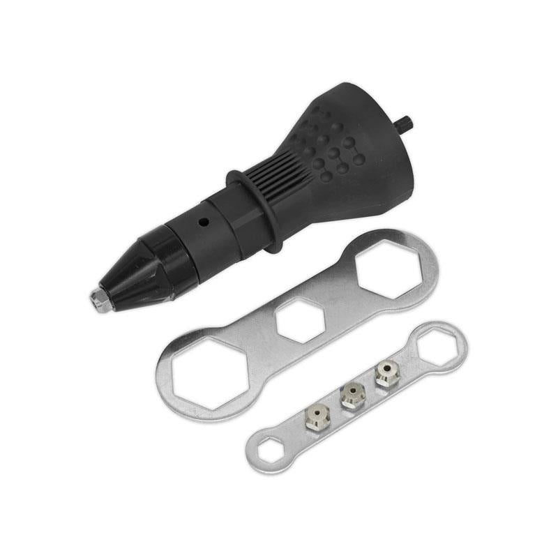 Sealey Riveter Adaptor/Rivet Gun Drill Powered 1/4 Inch Shank For 2.4 - 4.8mm Rivets Black