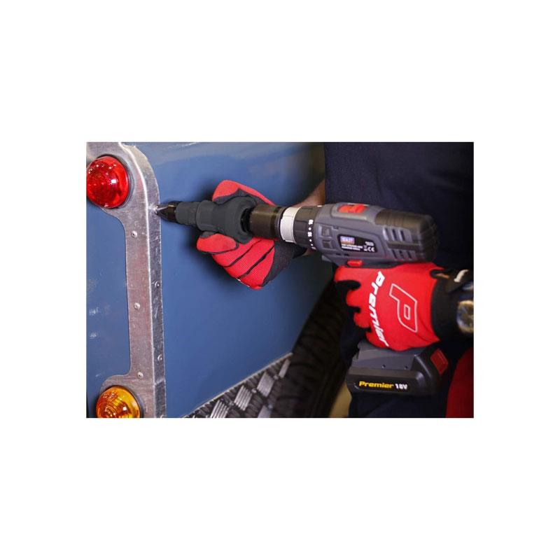 Sealey Riveter Adaptor/Rivet Gun Drill Powered 1/4 Inch Shank For 2.4 - 4.8mm Rivets Black