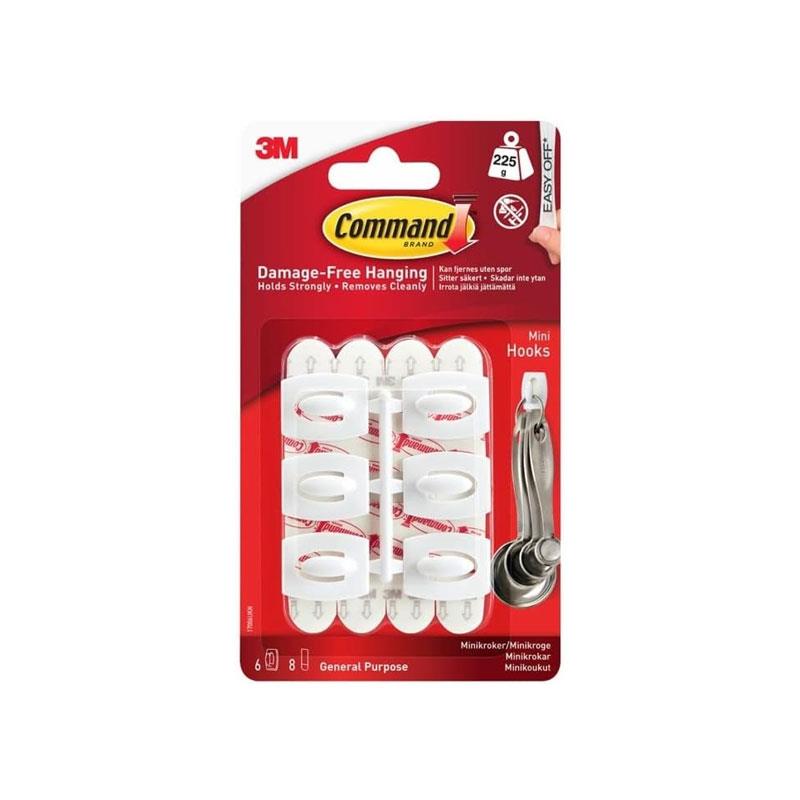 3M Command Mini Hooks Mini 6 Hooks And 8 Small Strips 225g Holding Power White