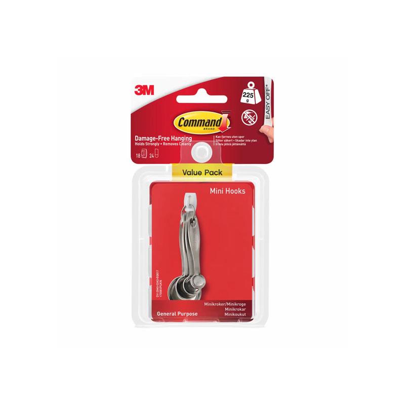 3M Command Mini Hooks Value Pack Mini 18 Hooks And 24 Small Strips 225g Holding Power White