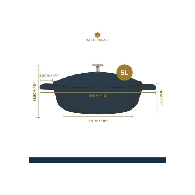 MasterClass Shallow Casserole Dish 32cm 5 Litres Cast Aluminium Metal Gift Boxed Black