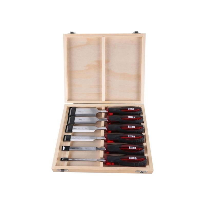 Hilka Tools Wood Chisel Set Clear Grip 6 Pieces Bevel Chromium Vanadium Steel Red/Black