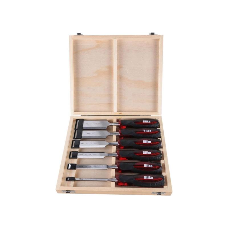 Hilka Tools Wood Chisel Set Clear Grip 6 Pieces Bevel Chromium Vanadium Steel Red/Black
