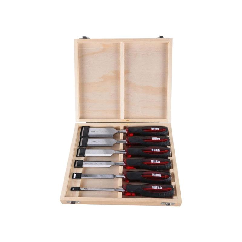 Hilka Tools Wood Chisel Set Clear Grip 6 Pieces Bevel Chromium Vanadium Steel Red/Black