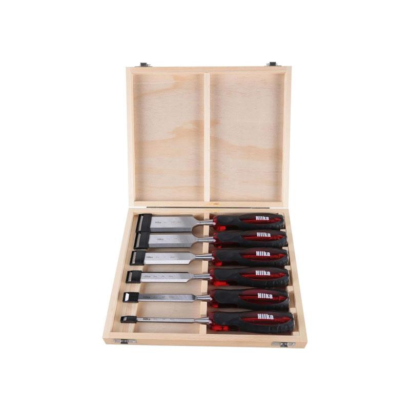 Hilka Tools Wood Chisel Set Clear Grip 6 Pieces Bevel Chromium Vanadium Steel Red/Black