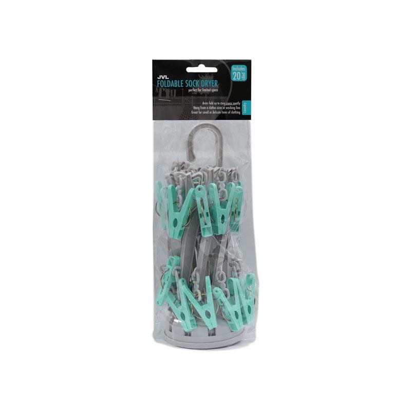 JVL 10 Arm Folding Sock Dryer With 20 Piece Pegs One Size Aqua/Grey/White