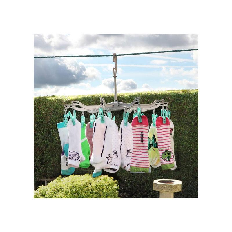 JVL 10 Arm Folding Sock Dryer With 20 Piece Pegs One Size Aqua/Grey/White